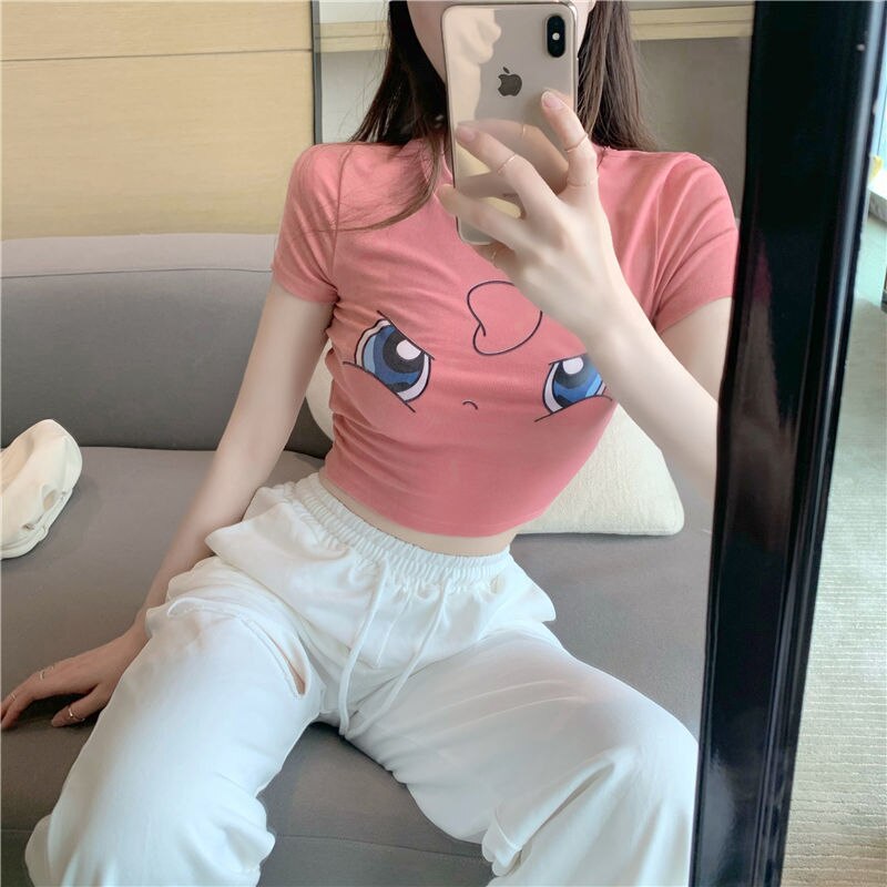 T-shirt Pokemon Pikachu Midriff-baring Kawaii Anime Short Sleeve TeeTops Shape-flaunting Sexy Slim Fit Shirt Cute Girls