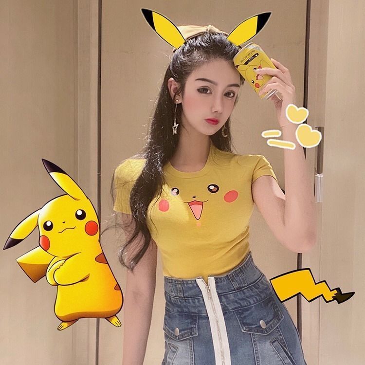 T-shirt Pokemon Pikachu Midriff-baring Kawaii Anime Short Sleeve TeeTops Shape-flaunting Sexy Slim Fit Shirt Cute Girls