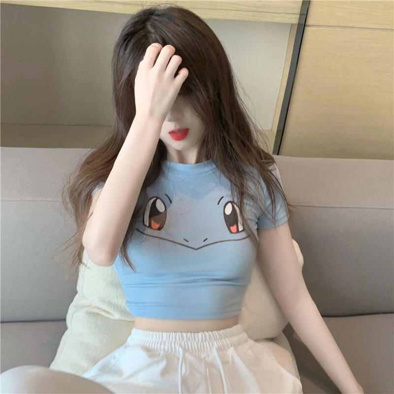 T-shirt Pokemon Pikachu Midriff-baring Kawaii Anime Short Sleeve TeeTops Shape-flaunting Sexy Slim Fit Shirt Cute Girls