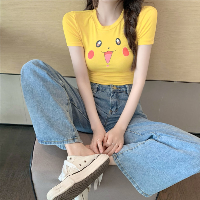 T-shirt Pokemon Pikachu Midriff-baring Kawaii Anime Short Sleeve TeeTops Shape-flaunting Sexy Slim Fit Shirt Cute Girls