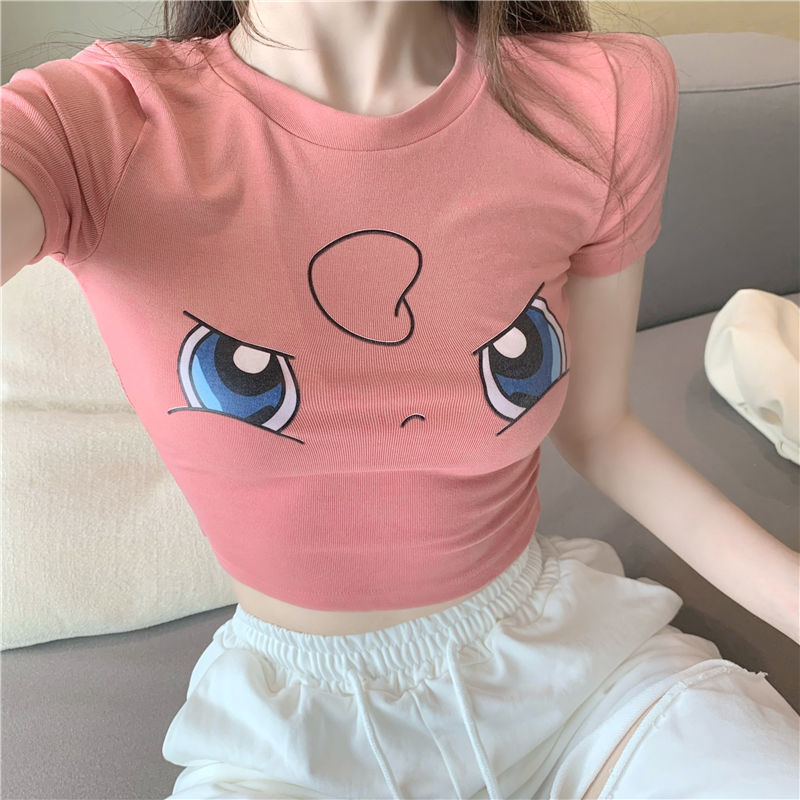 T-shirt Pokemon Pikachu Midriff-baring Kawaii Anime Short Sleeve TeeTops Shape-flaunting Sexy Slim Fit Shirt Cute Girls