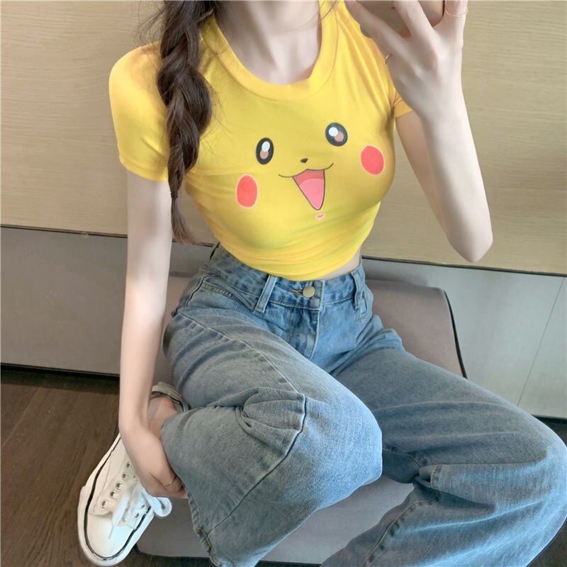 T-shirt Pokemon Pikachu Midriff-baring Kawaii Anime Short Sleeve TeeTops Shape-flaunting Sexy Slim Fit Shirt Cute Girls