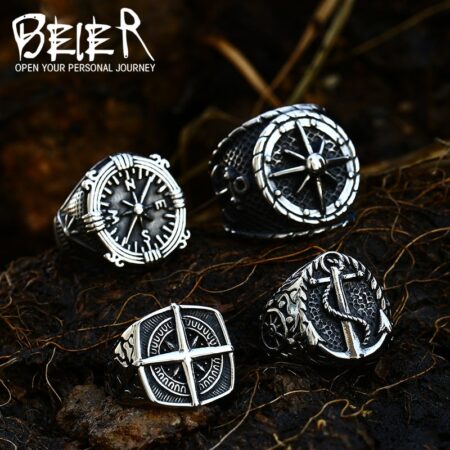 Pirate Ring Beier Stainless Steel Viking Cross Compass Runic Nautical Fashion Jewelry