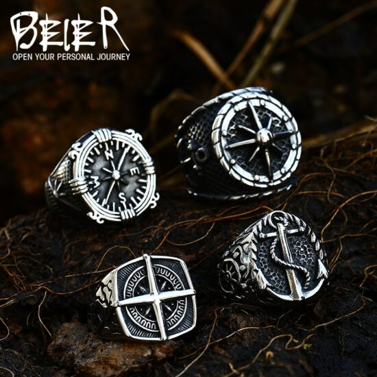 Pirate Ring Beier Stainless Steel Viking Cross Compass Runic Nautical Fashion Jewelry