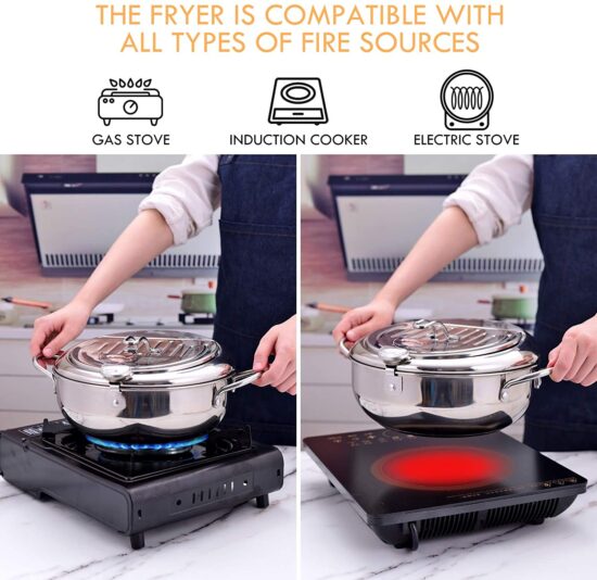 Frying Japanese Deep Pot with a Thermometer and a Lid 304 Stainless Steel Kitchen Tempura Fryer Pan 20-24 cm - Image 3