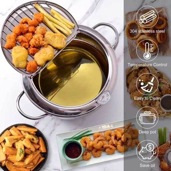 Frying Japanese Deep Pot with a Thermometer and a Lid 304 Stainless Steel Kitchen Tempura Fryer Pan 20-24 cm - Image 2