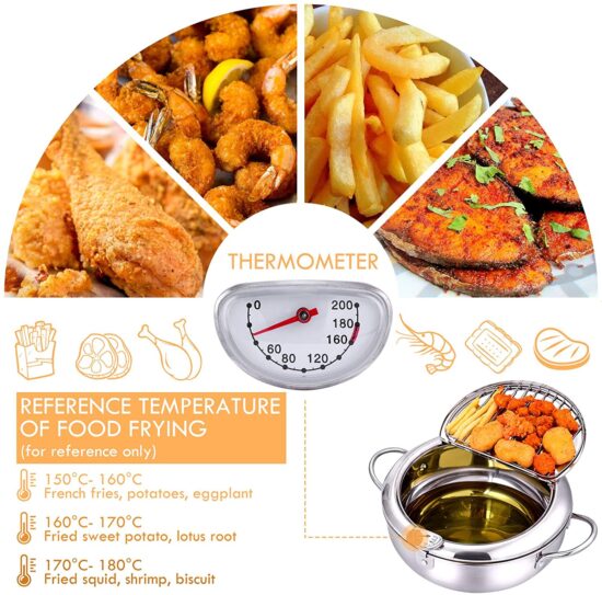 Frying Japanese Deep Pot with a Thermometer and a Lid 304 Stainless Steel Kitchen Tempura Fryer Pan 20-24 cm - Image 4