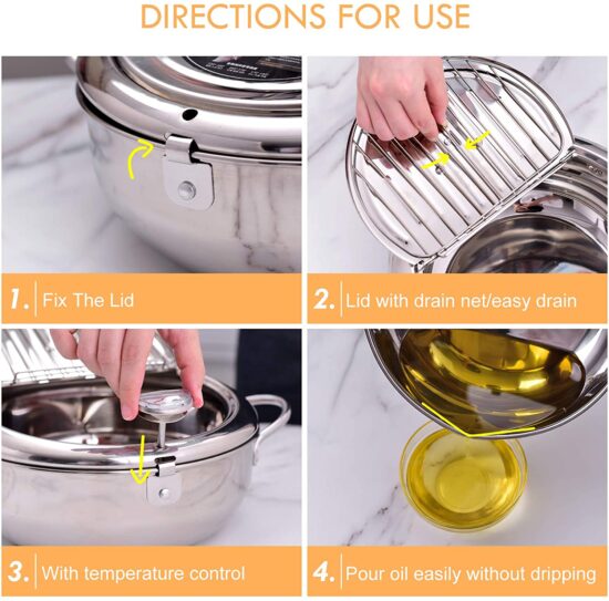 Frying Japanese Deep Pot with a Thermometer and a Lid 304 Stainless Steel Kitchen Tempura Fryer Pan 20-24 cm - Image 5