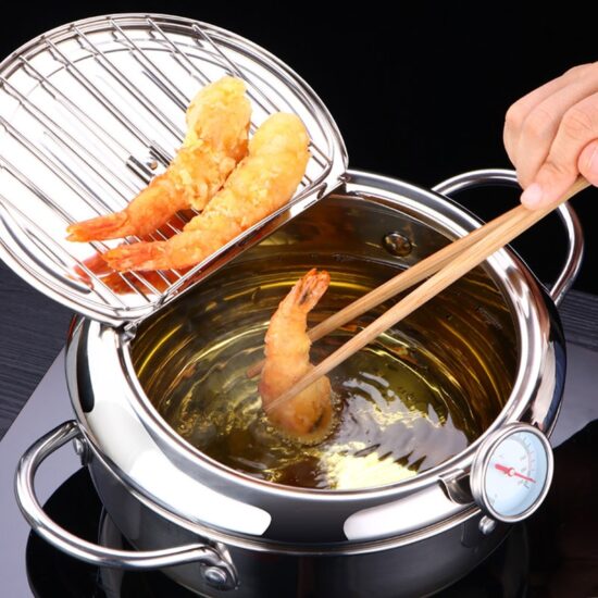 Frying Japanese Deep Pot with a Thermometer and a Lid 304 Stainless Steel Kitchen Tempura Fryer Pan 20-24 cm