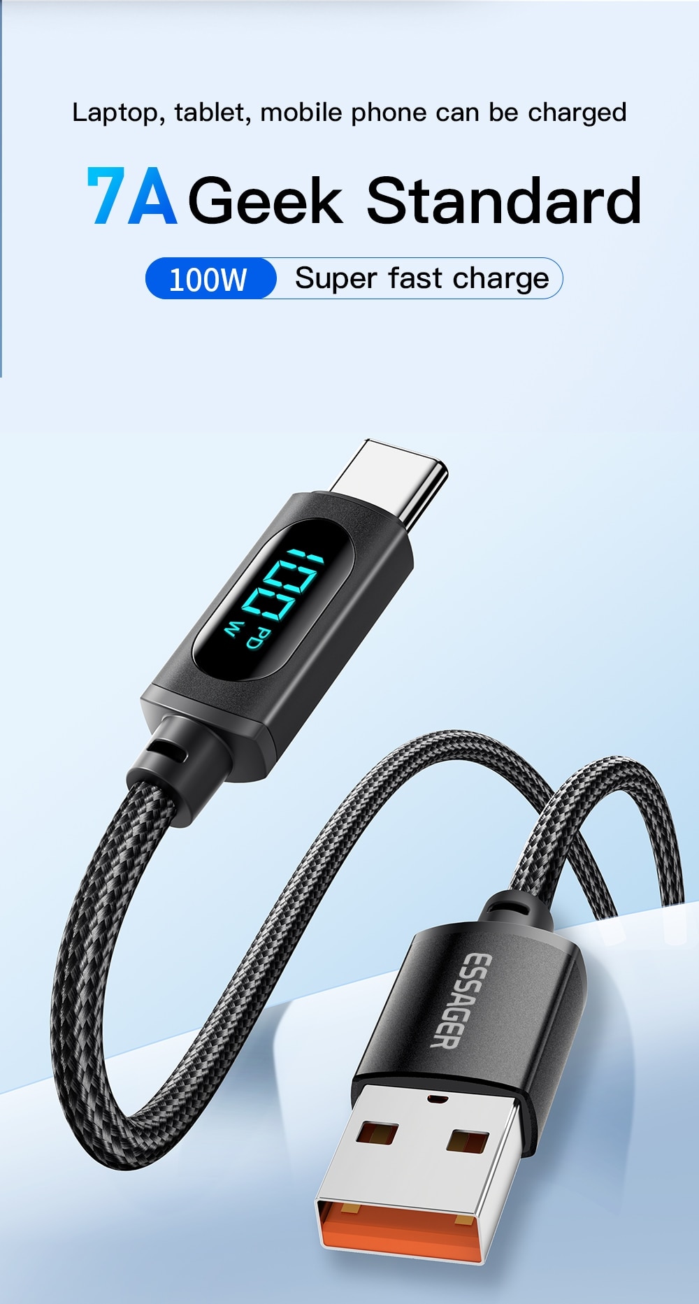 USB Type-C Cable For Huawei Honor Xiaomi Samsung With Screen LED 66W/100W Fast Charging Android Data Cable Wire Cord