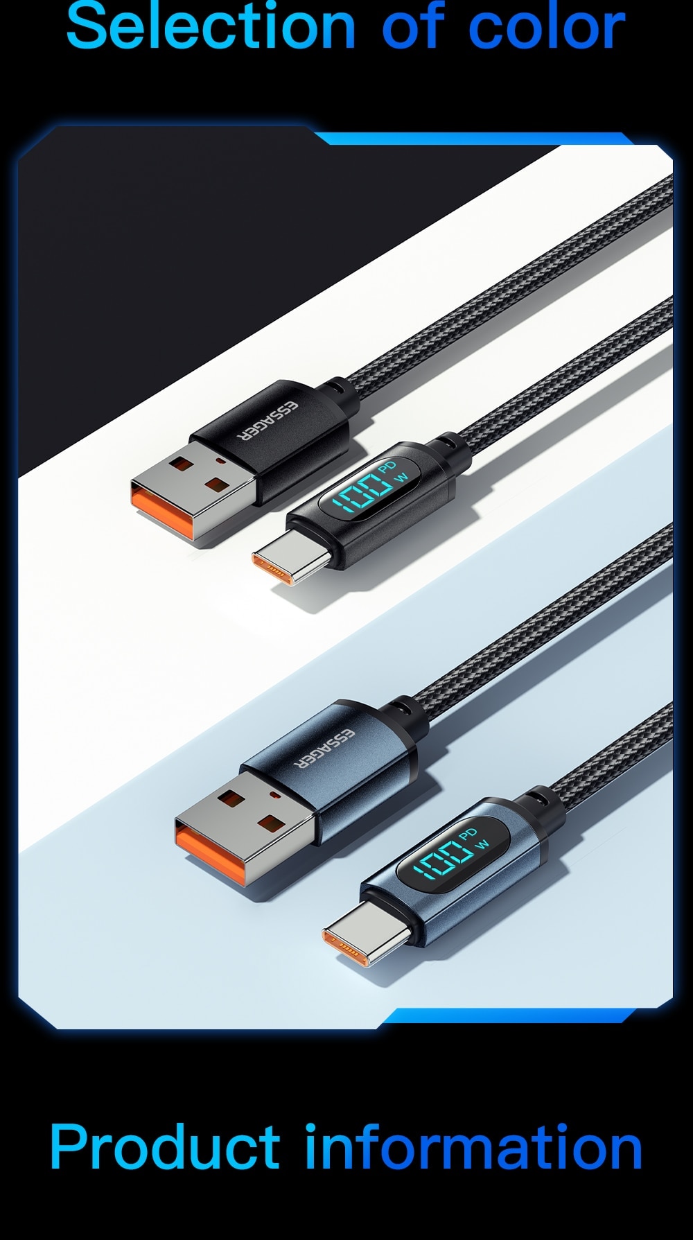 USB Type-C Cable For Huawei Honor Xiaomi Samsung With Screen LED 66W/100W Fast Charging Android Data Cable Wire Cord
