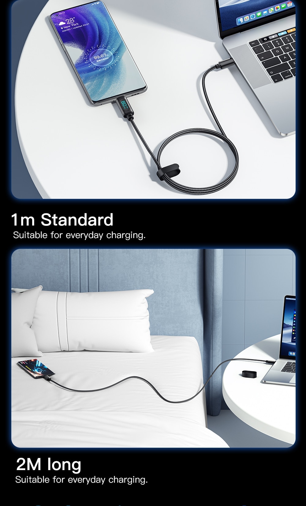 USB Type-C Cable For Huawei Honor Xiaomi Samsung With Screen LED 66W/100W Fast Charging Android Data Cable Wire Cord