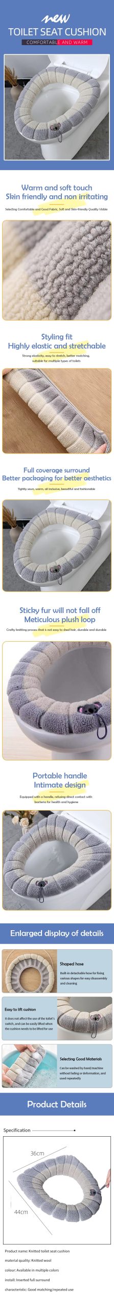 Toilet Seat Cover Mat With Handle Gray Winter Warm Thicker Soft Washable Hygienic Antibacterial