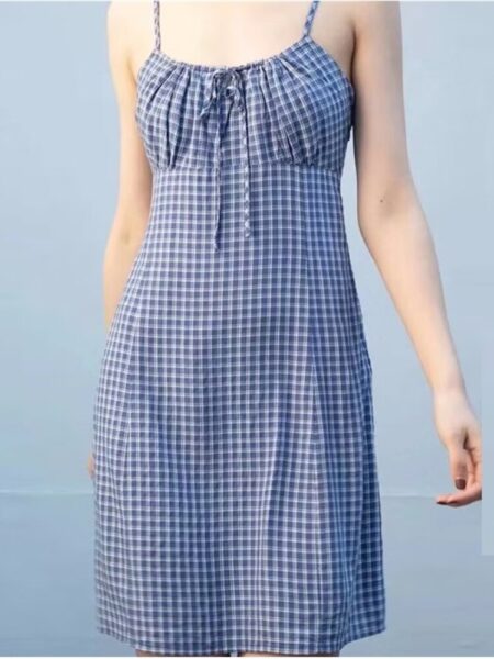 Casual Women Blue Plaid Printed Drawstring Mini Sling Dress Summer Vintage High Waist Sleeveless Female Chic Bottoms