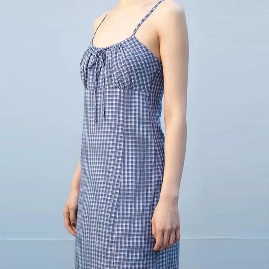 Casual Women Blue Plaid Printed Drawstring Mini Sling Dress Summer Vintage High Waist Sleeveless Female Chic Bottoms