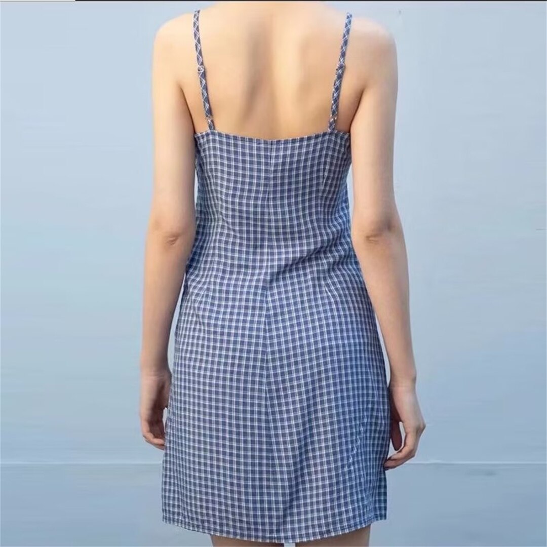 Casual Women Blue Plaid Printed Drawstring Mini Sling Dress Summer Vintage High Waist Sleeveless Female Chic Bottoms