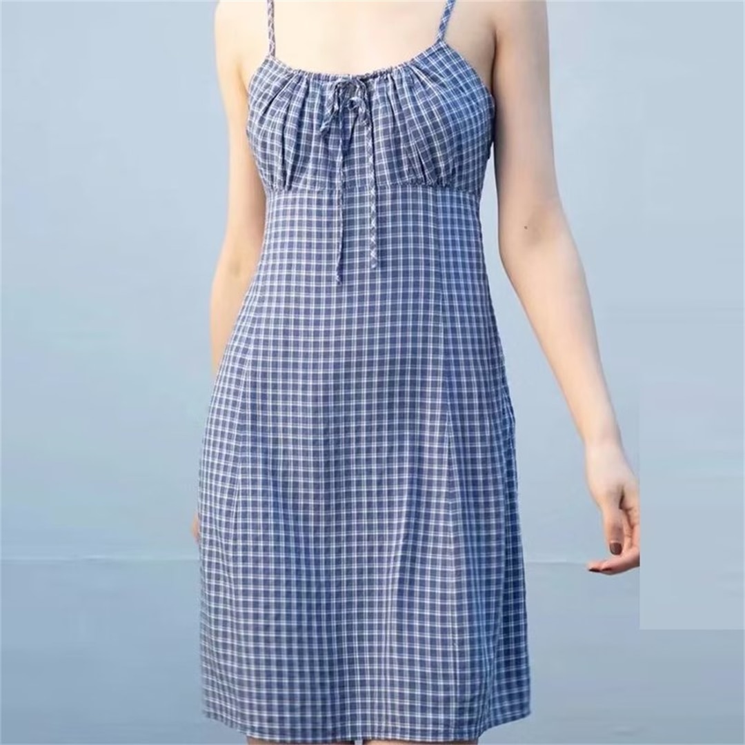 Casual Women Blue Plaid Printed Drawstring Mini Sling Dress Summer Vintage High Waist Sleeveless Female Chic Bottoms