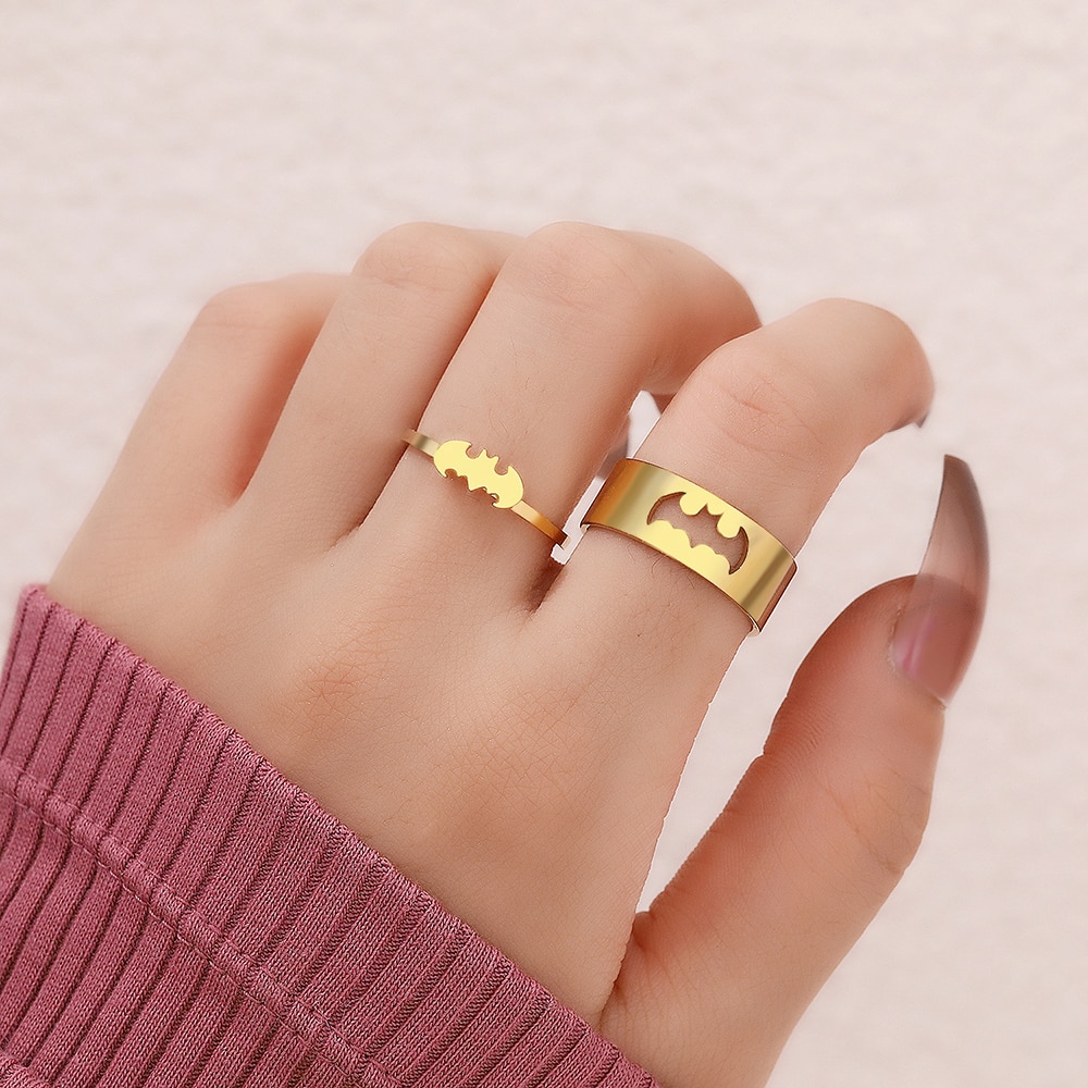 Bat Rings Fashion Gothic Stainless Steel Adjustable Couple Ring Gift 2Pcs/set
