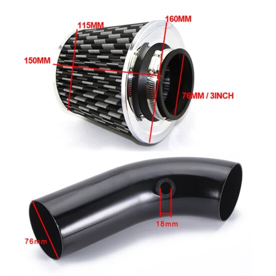 Air Filter Intake Pipe Filter High Flow Cold Air Filter Aluminum Pipe Kit 76mm - Image 4