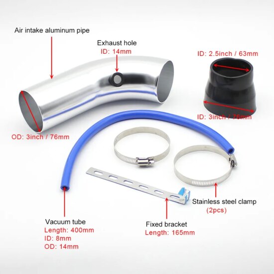 Air Filter Intake Pipe Filter High Flow Cold Air Filter Aluminum Pipe Kit 76mm - Image 5