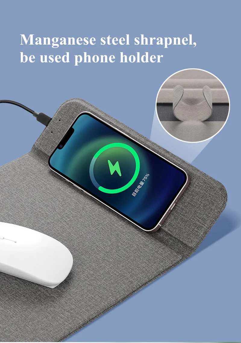 Mouse Pad + Wireless Charging For All Devices Type C Phones Car 2 in 1 PU Leather Mat