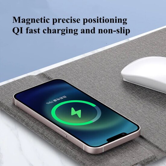 ⁦Mouse Pad + Wireless Charging For All Devices Type C Phones Car 2 in 1 PU Leather Mat⁩ - الصورة ⁦2⁩