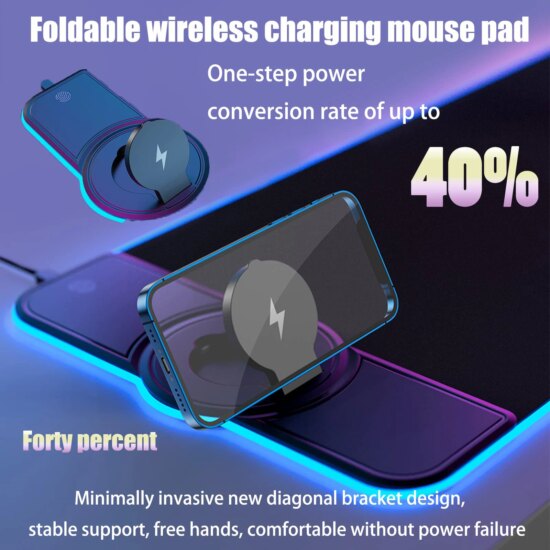 Gaming Mouse Pad 15W Fast Wireless Charging RGB with Foldable Phone Stand Design Soft and Anti-Slip Mouse Mat - Image 2