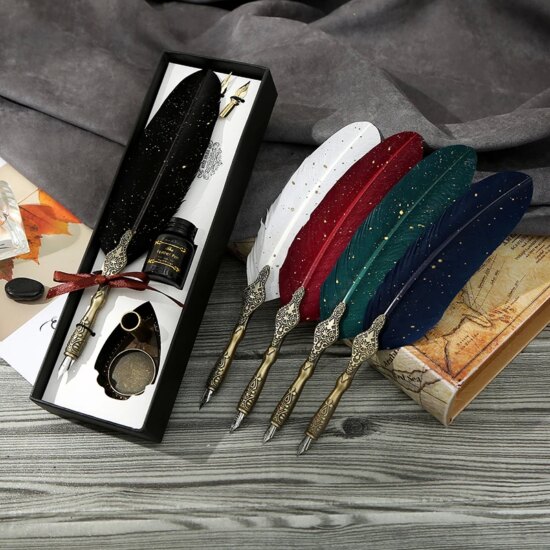 Pen Gift Box Calligraphy Feather Dip Pen with 2 Nib Set Quill Fountain Writing (No Ink) - Image 2