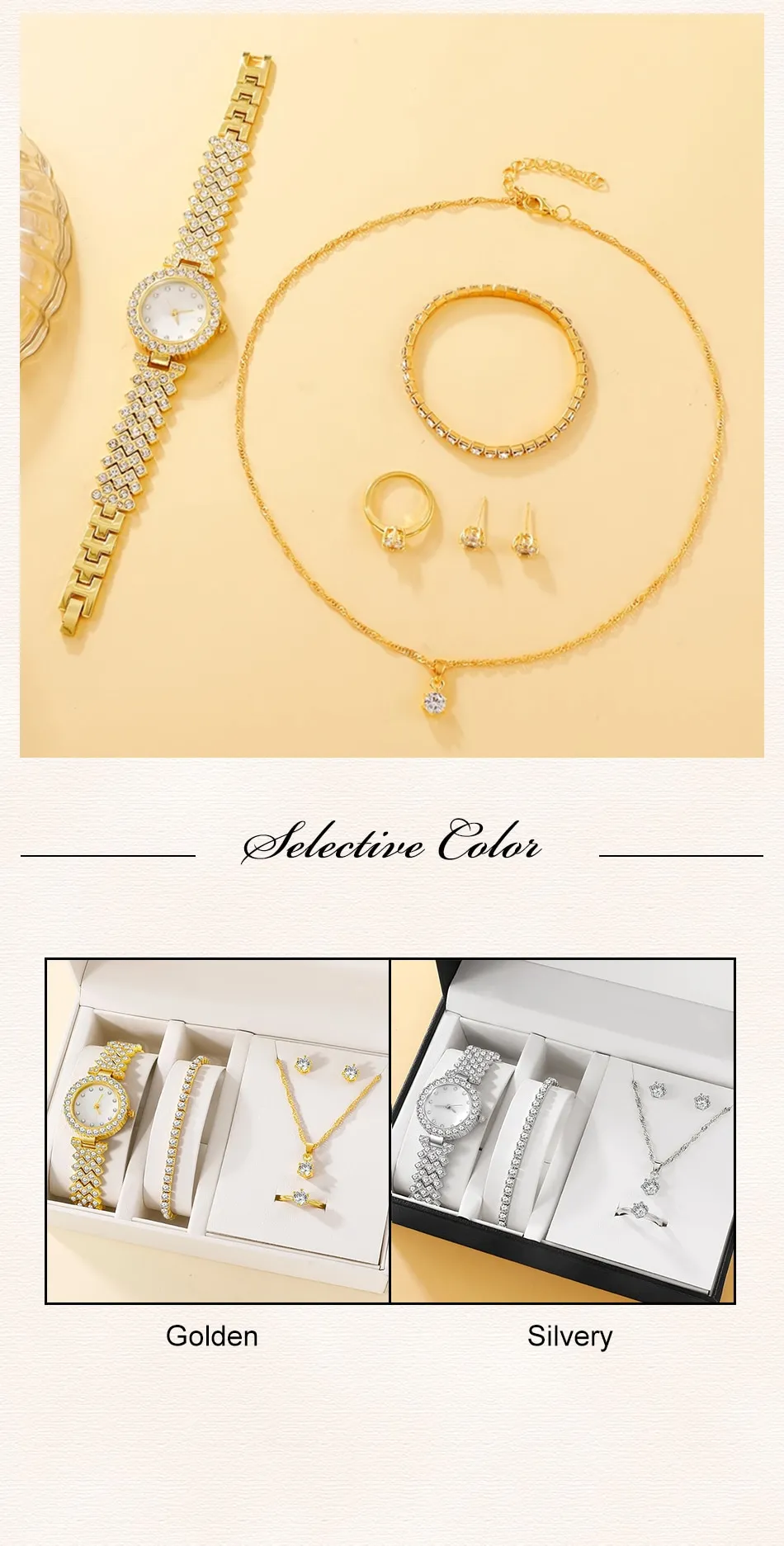 Set Box Luxury Watch Women Ring Necklace Earring Rhinestone Fashion Wristwatch Casual Ladies