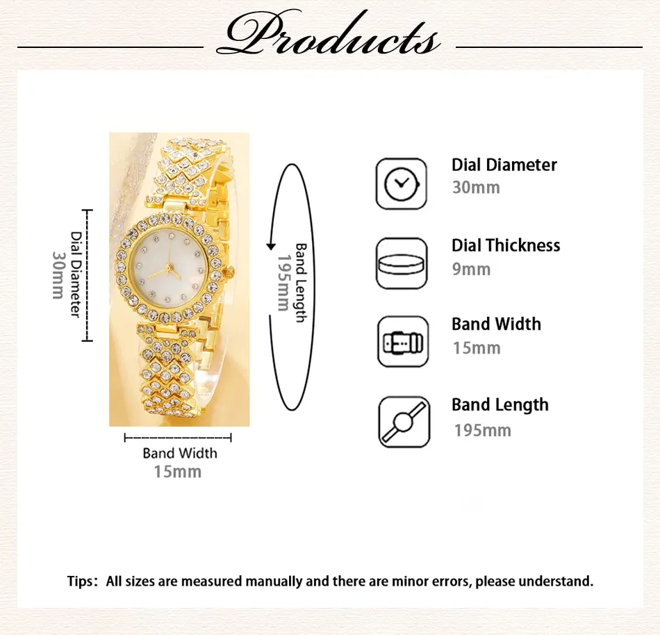 Set Box Luxury Watch Women Ring Necklace Earring Rhinestone Fashion Wristwatch Casual Ladies