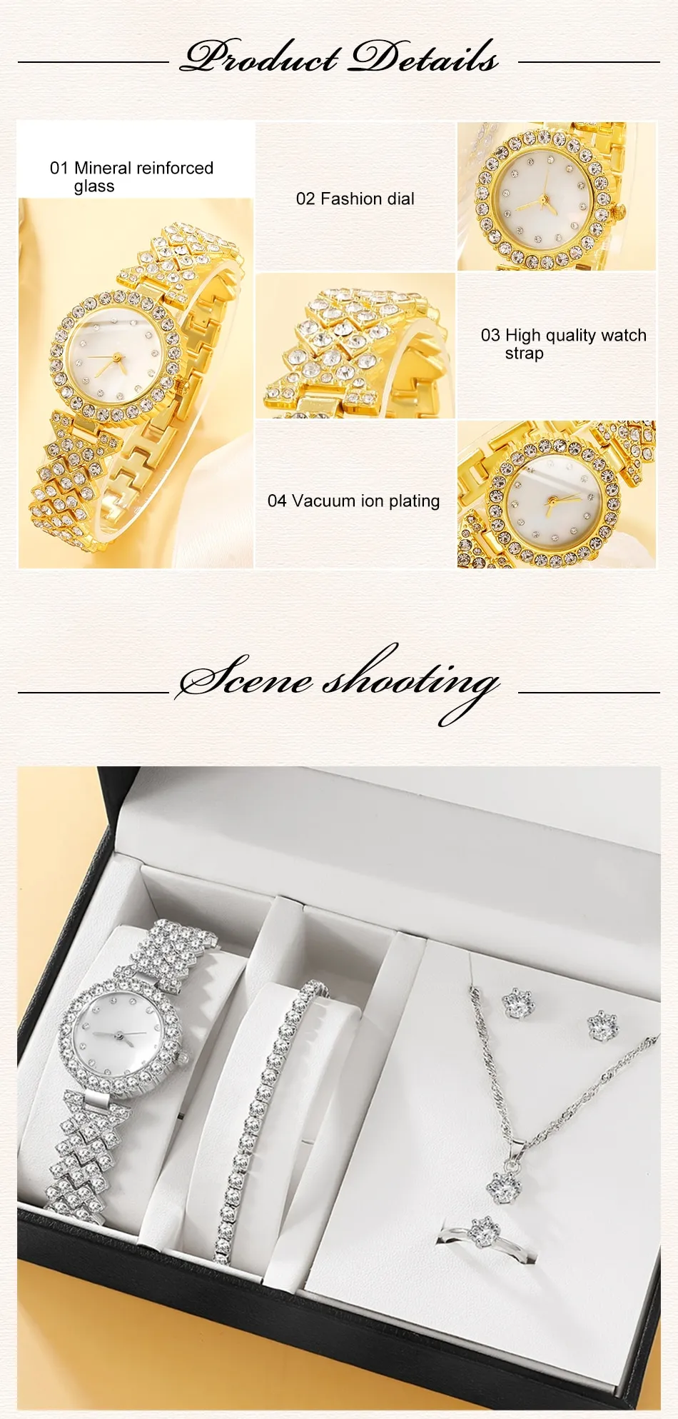 Set Box Luxury Watch Women Ring Necklace Earring Rhinestone Fashion Wristwatch Casual Ladies