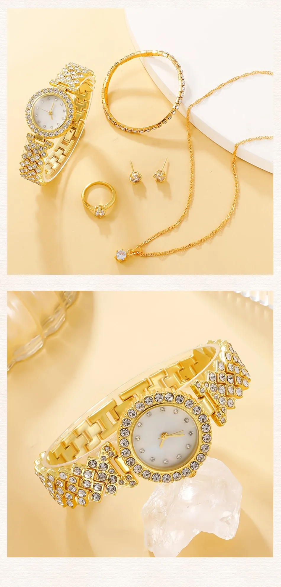 Set Box Luxury Watch Women Ring Necklace Earring Rhinestone Fashion Wristwatch Casual Ladies
