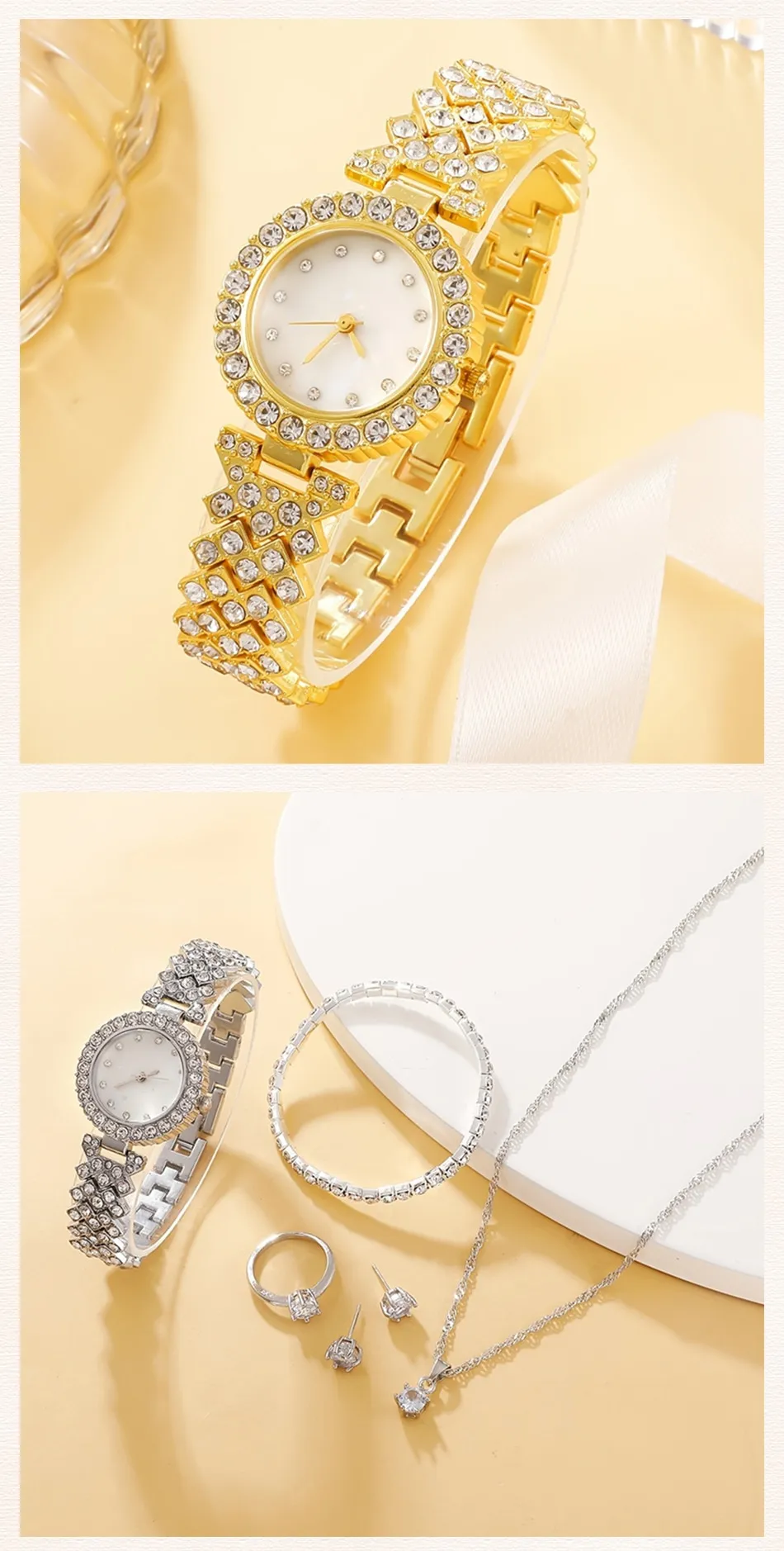 Set Box Luxury Watch Women Ring Necklace Earring Rhinestone Fashion Wristwatch Casual Ladies
