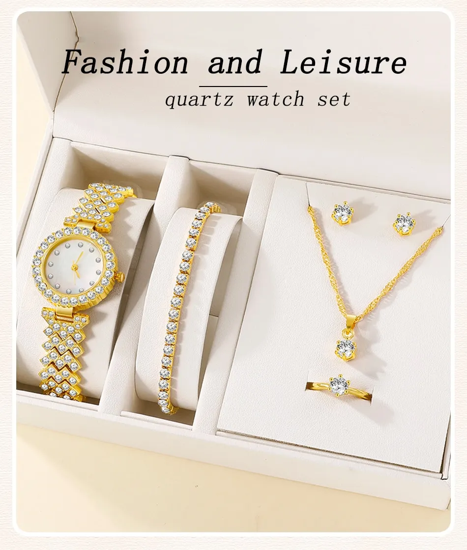 Set Box Luxury Watch Women Ring Necklace Earring Rhinestone Fashion Wristwatch Casual Ladies