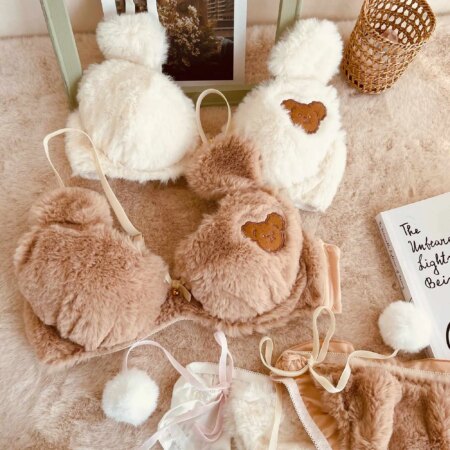 underwear bra set cute anime cartoon bear student plush steel ring bow tie bra panty set lingerie