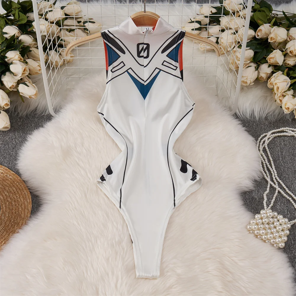 anime Slim Fit Jumpsuit Half High Collar Sleeveless Bodysuit Thin Swimsuit Sweet Cute Pajama Sleepwear