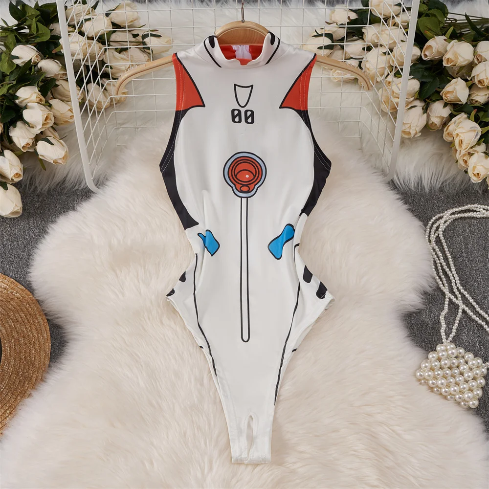anime Slim Fit Jumpsuit Half High Collar Sleeveless Bodysuit Thin Swimsuit Sweet Cute Pajama Sleepwear