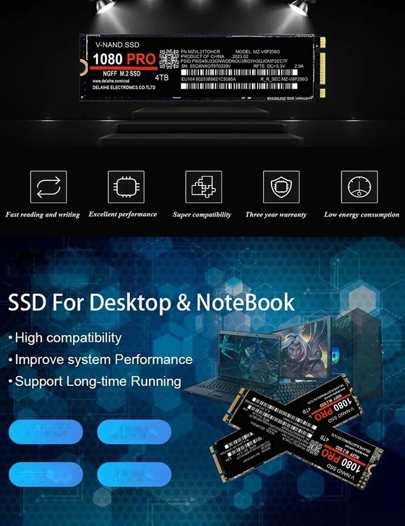 Hard Disk for Xbox PC PS5  PUBG Game 1080PRO SSD M2 2280 PCIe 4.0 NVME NGFF Solid State Drive 14000MB/S Read