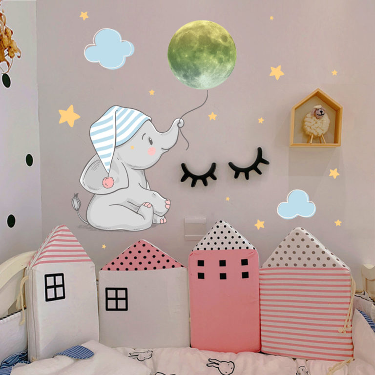 ⁦Baby Elephant Moon  Wall Sticker For Bedroom Home Decoration Decals Glow In The Dark Combination Stickers⁩ - الصورة ⁦4⁩