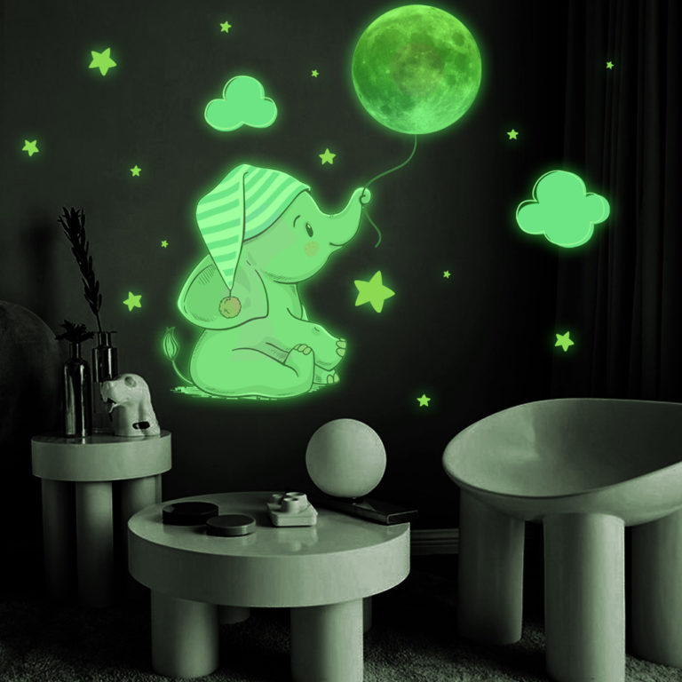 Baby Elephant Moon  Wall Sticker For Bedroom Home Decoration Decals Glow In The Dark Combination Stickers