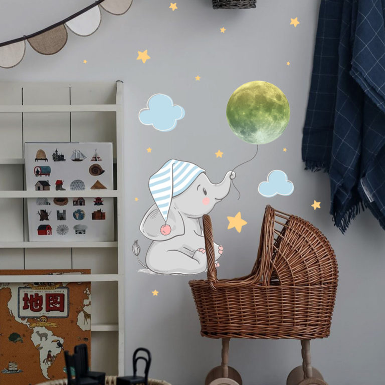⁦Baby Elephant Moon  Wall Sticker For Bedroom Home Decoration Decals Glow In The Dark Combination Stickers⁩ - الصورة ⁦2⁩