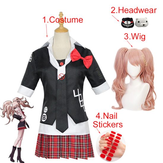 Anime Danganronpa Cosplay Costume Enoshima Junko Uniform Short Skirt Double Tail Braid Wig