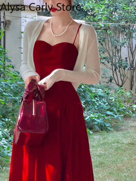 French Dress Red Elegent Party Midi Dress Female Sexy Backless Evening Beach Fairy Dress