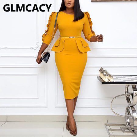 High Waist Ruffles Midi Dress Classy Office Ladies Chic Work Dress