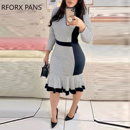 Working Dress Elegant Chic Polka Dot Patchwork Round Neck Wrist Mermaid Bodycon Midi