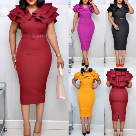 Fashion Women Dresses Summer Office Lady Solid Color V Neck Short Ruffled Sleeve Belt Bodycon