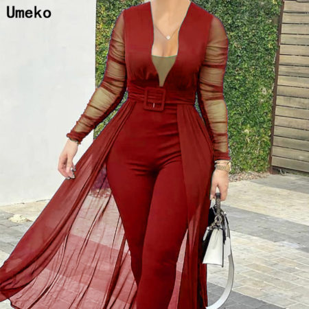 V-neck Belted Jumpsuits Skinny Rompers See Through Transparent Long Sleeve Sexy Plus Size Bodysuit Overall