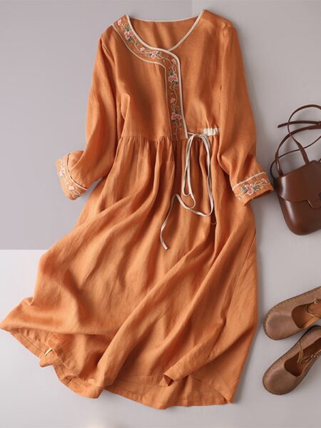 100% Cotton Women Casual Dress Style Floral Embroidery Loose Comfortable Female Long Dresses