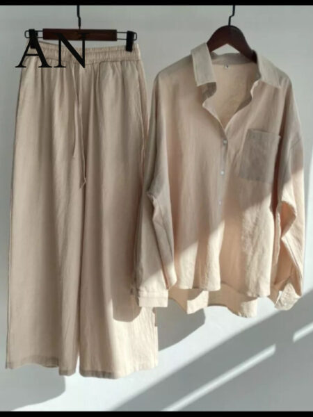 2-piece Retro  Oversize Cotton and Linen Shirt Plus High Waist Slacks Suit Sweatshirt Set