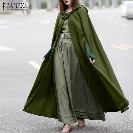 Stylish Long Cape Cloak Hooded Wool Blend Cloak Coat Warm Cosplay Jackets Outwear Windbreaker